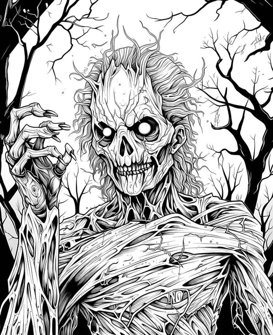 Dare to color this Monster Coloring Page? 💀 Download our terrifyingly detailed skeletal horror design. An instant, printable JPG for adult horror coloring fans.