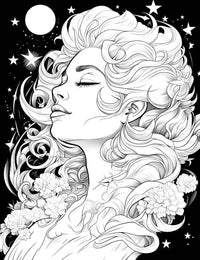 The Moonlight Serenity Coloring Page, a beautiful black-and-white illustration of a serene woman with eyes closed and voluminous curly hair, with flowers and a starry night sky in the background.