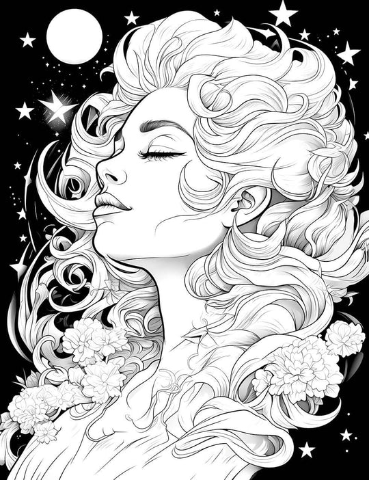 The Moonlight Serenity Coloring Page, a beautiful black-and-white illustration of a serene woman with eyes closed and voluminous curly hair, with flowers and a starry night sky in the background.