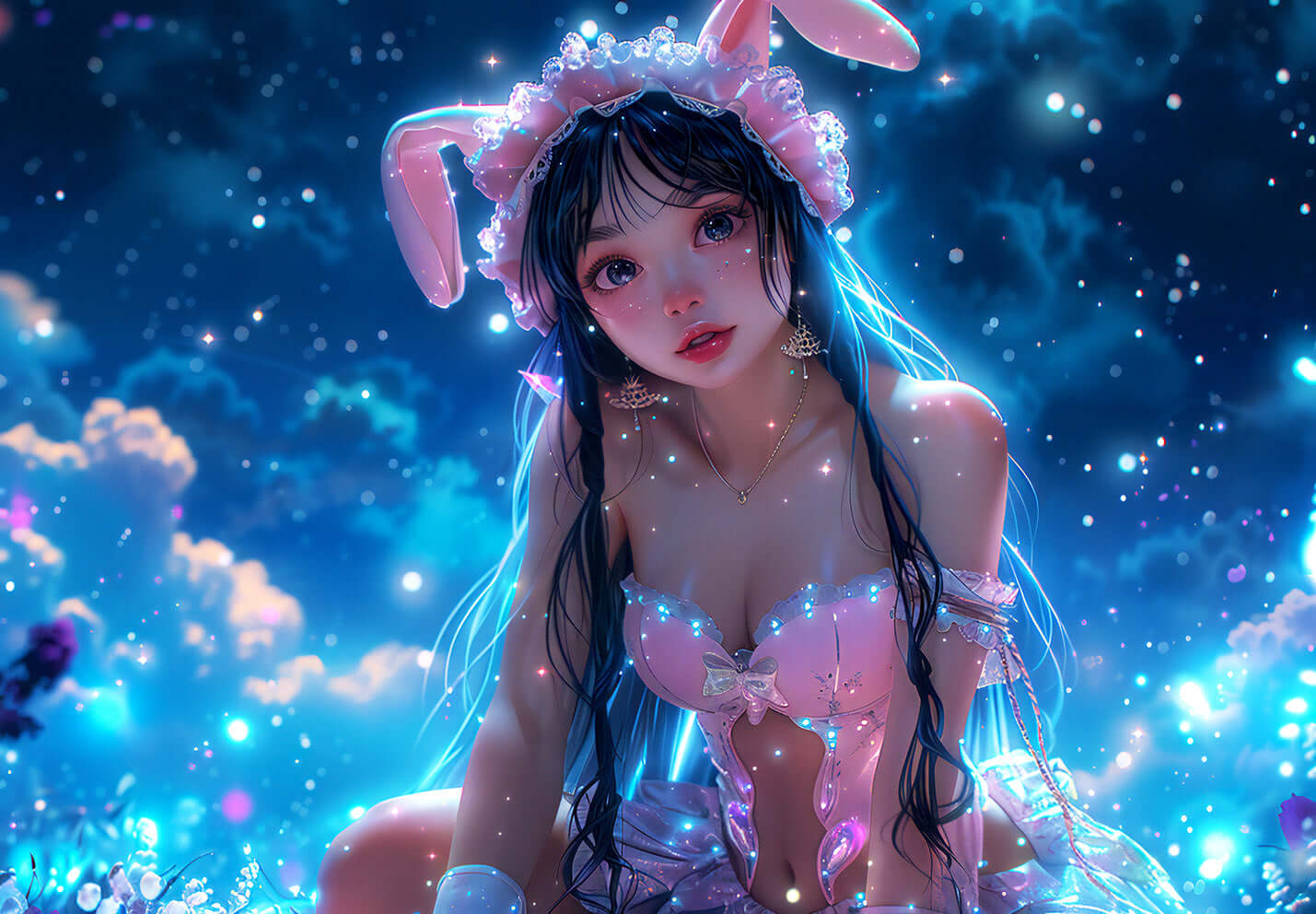 Enchanting anime night bunny art, perfect for magical wallpapers and digital downloads.