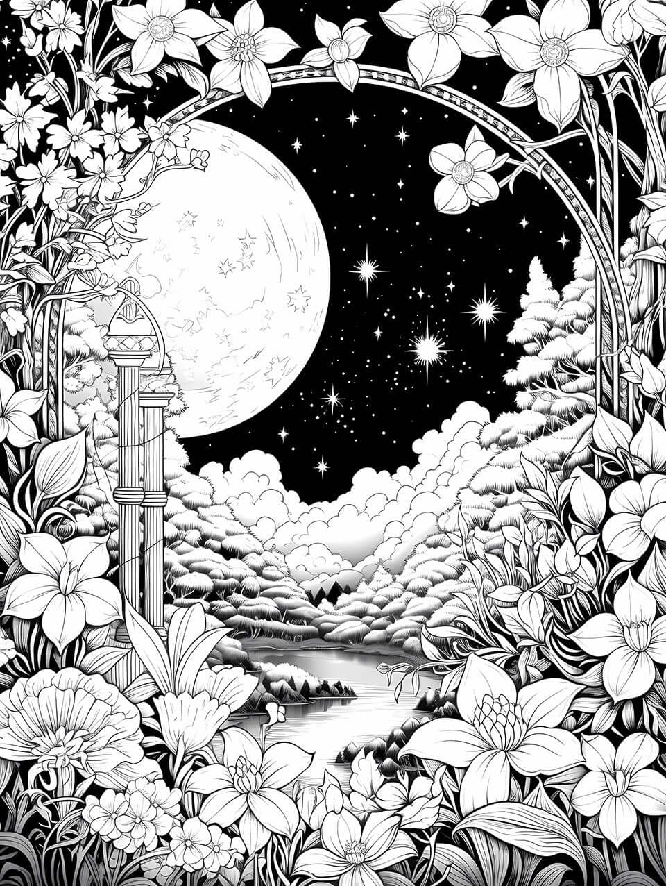 Moonlit Floral Escape Adult Coloring Page - Infinite Visibility 🌸🌙✨
