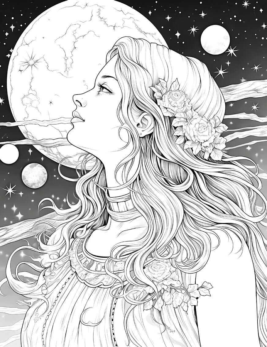 Moonlit Rose Gaze Coloring Page | Celestial Floral Woman Printable – Infinite Visibility