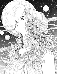 Moonlit Rose Gaze Coloring Page | Celestial Floral Woman Printable – Infinite Visibility