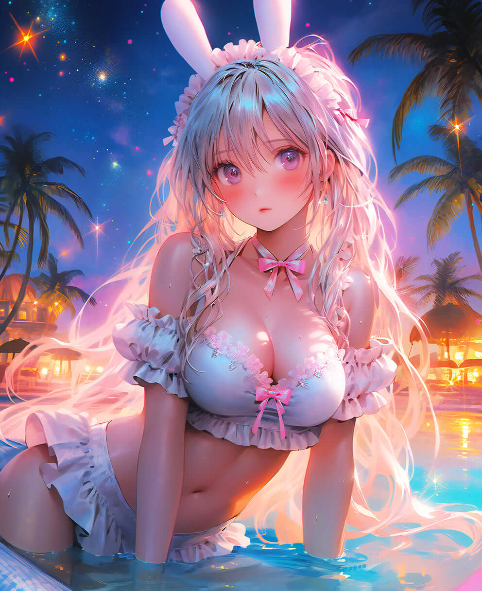 Anime bunny girl in a dreamy beach setting, illuminated by moonlight, perfect for digital art lovers.