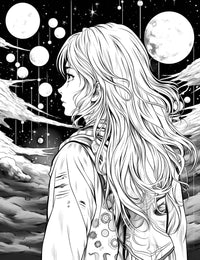 The Moonlit Wanderer Coloring Page, a beautiful anime-style illustration of a girl with long wavy hair in profile, looking out at a dreamy night sky filled with many moons and stars.