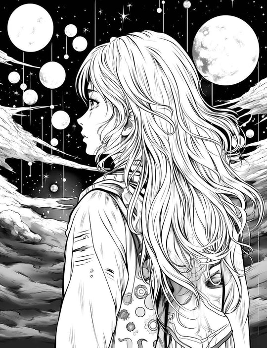 The Moonlit Wanderer Coloring Page, a beautiful anime-style illustration of a girl with long wavy hair in profile, looking out at a dreamy night sky filled with many moons and stars.