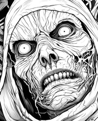 A hyper-detailed horror coloring page showing an intense close-up of a mummy's terrifying, desiccated face with wide, staring eyes and ancient, decaying wrappings.
