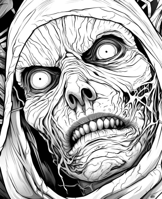 A hyper-detailed horror coloring page showing an intense close-up of a mummy's terrifying, desiccated face with wide, staring eyes and ancient, decaying wrappings.