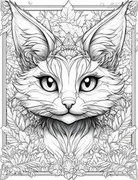 Intricate line art coloring page of a fantasy cat (lynx or caracal) with large ears, expressive eyes, and a detailed floral crown, framed by leaves and flowers, ideal for adult coloring and creative relaxation.