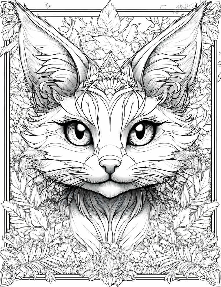 Intricate line art coloring page of a fantasy cat (lynx or caracal) with large ears, expressive eyes, and a detailed floral crown, framed by leaves and flowers, ideal for adult coloring and creative relaxation.