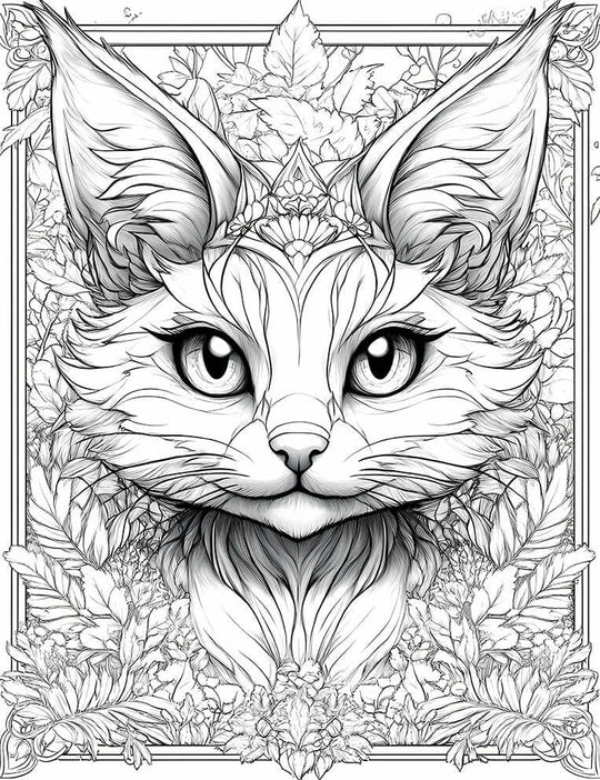 Intricate line art coloring page of a fantasy cat (lynx or caracal) with large ears, expressive eyes, and a detailed floral crown, framed by leaves and flowers, ideal for adult coloring and creative relaxation.