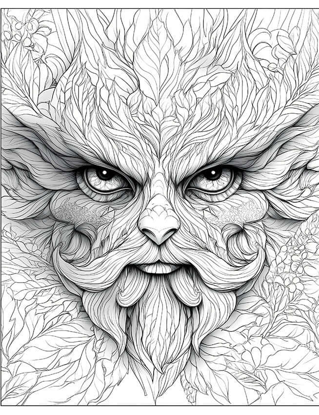 Detailed line art coloring page of a Green Man's face, intricately formed from leaves and foliage, with expressive eyes and a leafy beard, embodying a forest spirit for adult coloring and fantasy art enthusiasts.