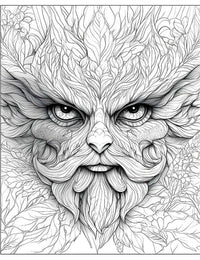 Detailed line art coloring page of a Green Man's face, intricately formed from leaves and foliage, with expressive eyes and a leafy beard, embodying a forest spirit for adult coloring and fantasy art enthusiasts.