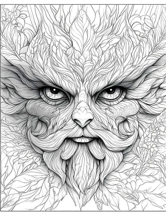 Detailed line art coloring page of a Green Man's face, intricately formed from leaves and foliage, with expressive eyes and a leafy beard, embodying a forest spirit for adult coloring and fantasy art enthusiasts.