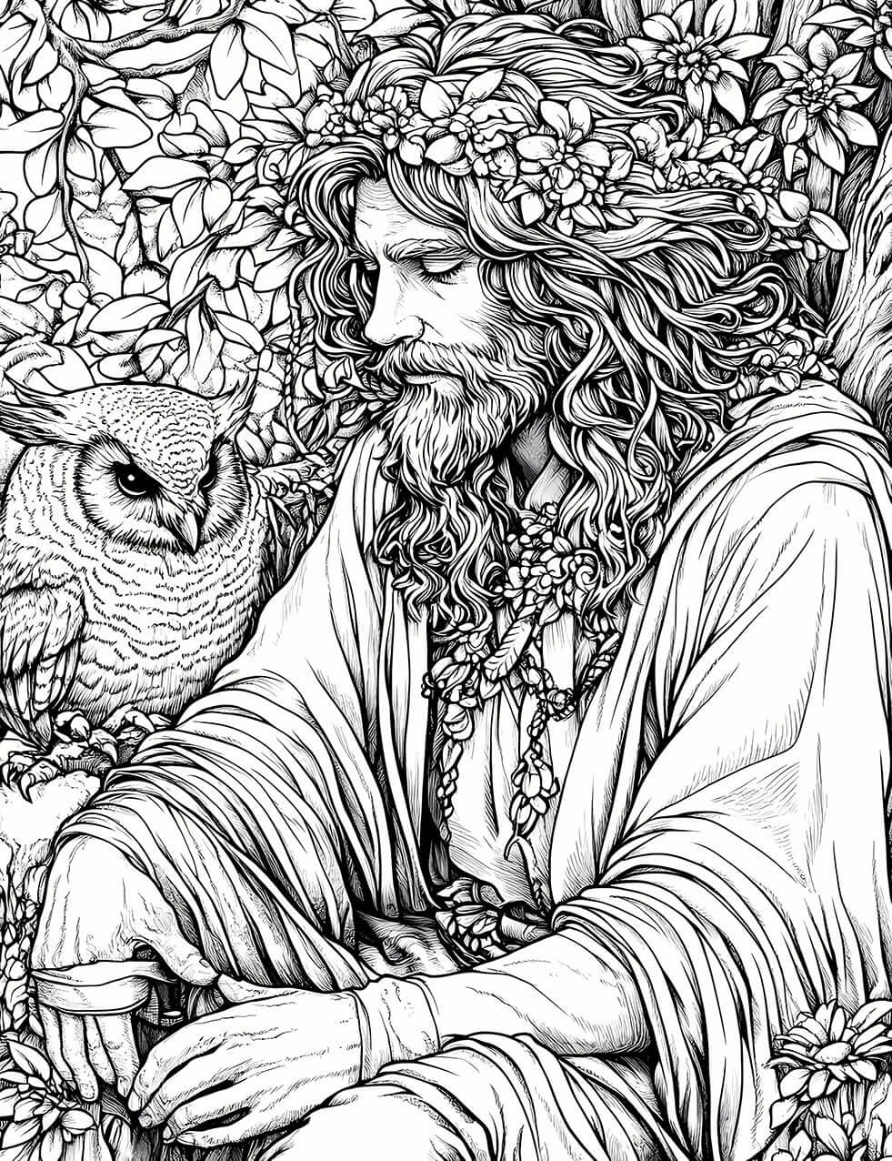 Intricate adult coloring page of a mystical man with a wise owl amidst flowers, perfect for relaxation and creativity.