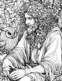 Intricate adult coloring page of a mystical man with a wise owl amidst flowers, perfect for relaxation and creativity.