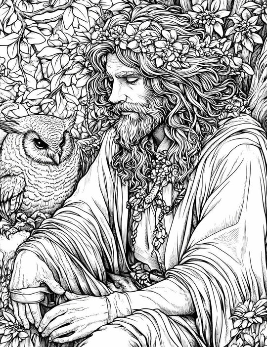 Intricate adult coloring page of a mystical man with a wise owl amidst flowers, perfect for relaxation and creativity.