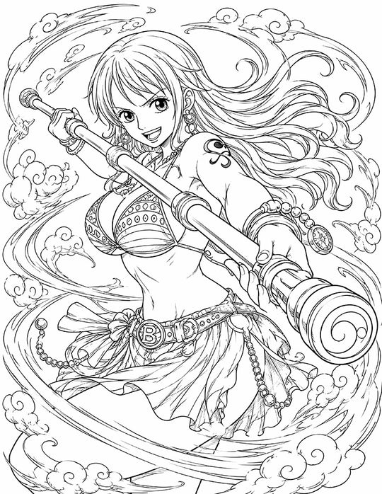 Nami One Piece Coloring Page Clima-Tact printable PDF high resolution line art Straw Hat navigator swinging weather staff long hair arm tattoo swirling clouds confident grin