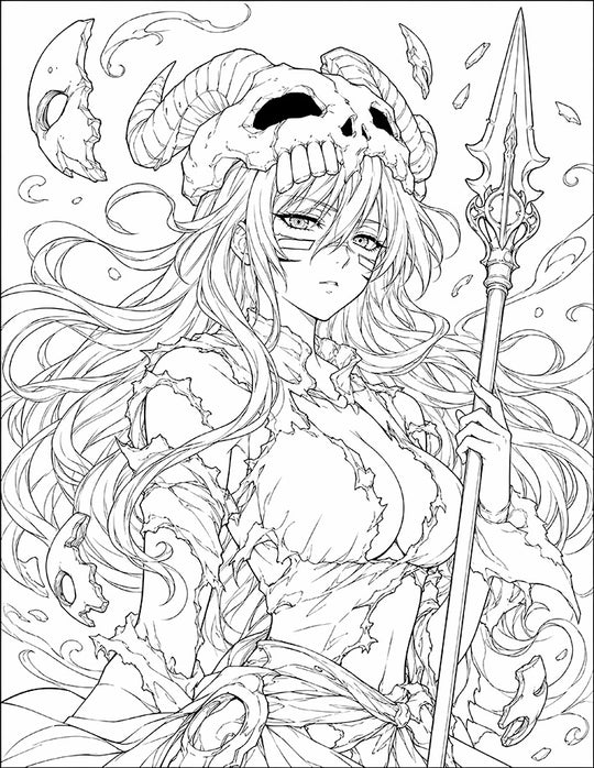 Neliel Bleach Coloring Page Gamuza Lance featuring a ram-horned Hollow skull, ornate spear, flowing hair, torn Arrancar clothing, mask fragments, and spiritual energy