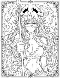 Neliel Bleach Coloring Page Gamuza featuring a massive ram-horned Hollow skull, long lance, flowing hair, Arrancar markings, flame-like aura, and ornate border