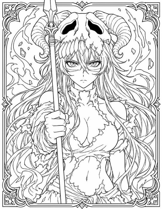 Neliel Bleach Coloring Page Gamuza featuring a massive ram-horned Hollow skull, long lance, flowing hair, Arrancar markings, flame-like aura, and ornate border