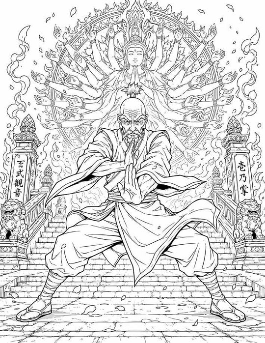 Netero Hunter x Hunter Coloring Page Guanyin printable PDF high resolution line art Chairman martial arts stance with thousand-armed Bodhisattva temple steps lion statues
