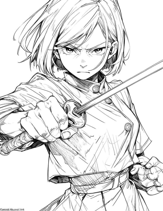 Black and white sketch-style line art of a determined Nobara Kugisaki from Jujutsu Kaisen, holding a katana with a two-handed grip and staring intensely.