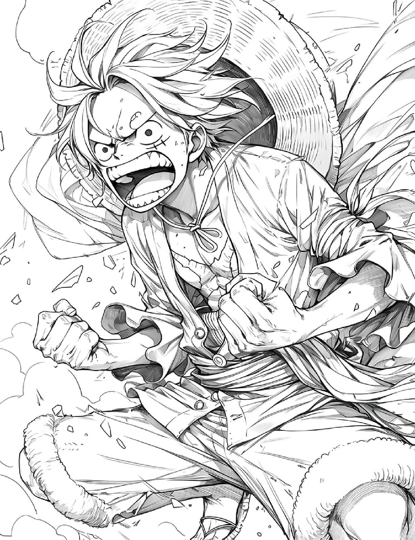 Coloring page of Luffy from One Piece, showcasing an action pose with intense expression and dynamic movement.