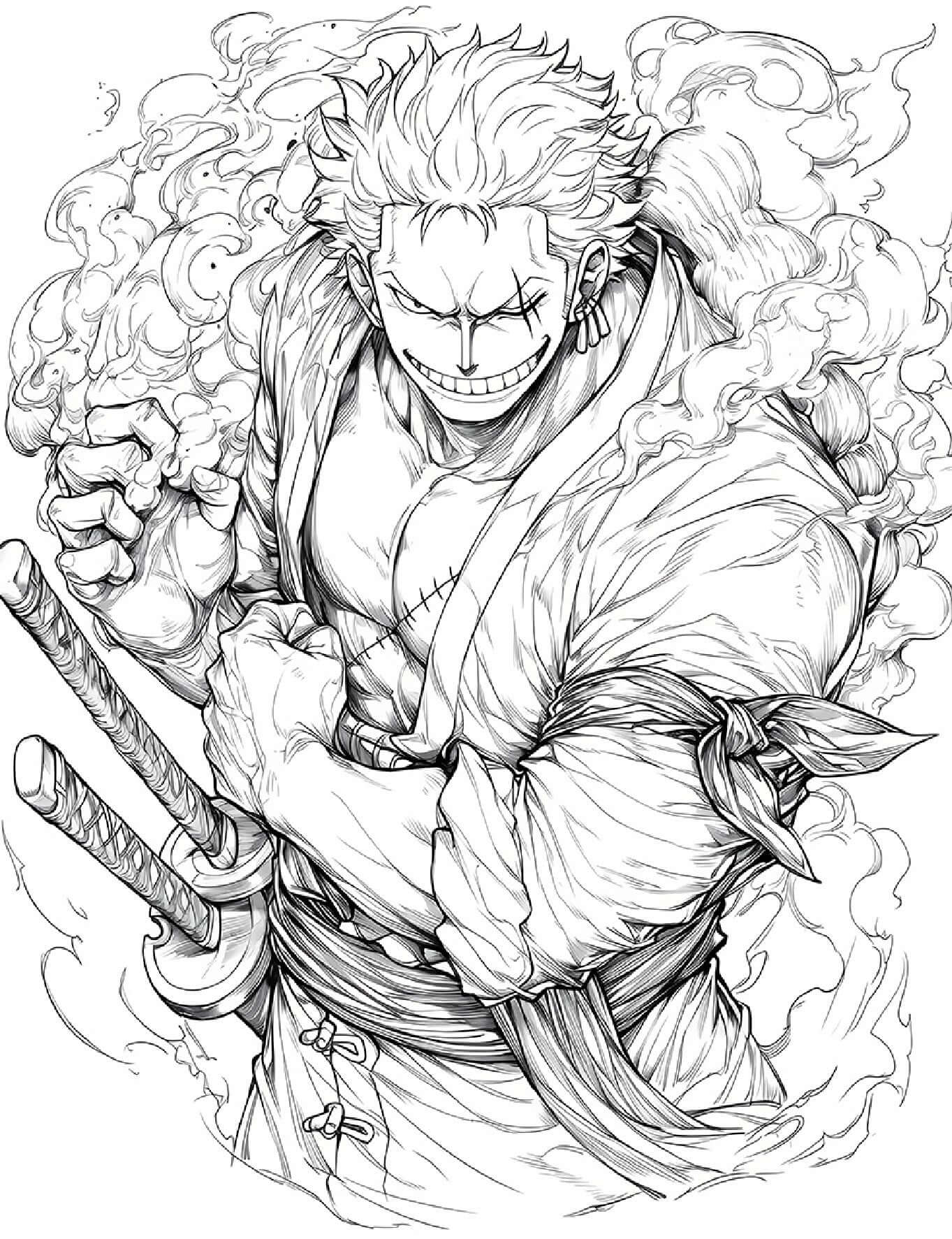 Line art of a powerful character with two swords, surrounded by swirling smoke, ideal for coloring pages in One Piece.