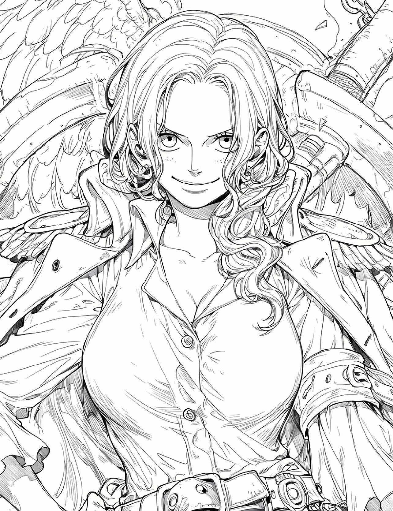Line art of a female character with wings and a sword, perfect for coloring in the One Piece Vol 13 book.