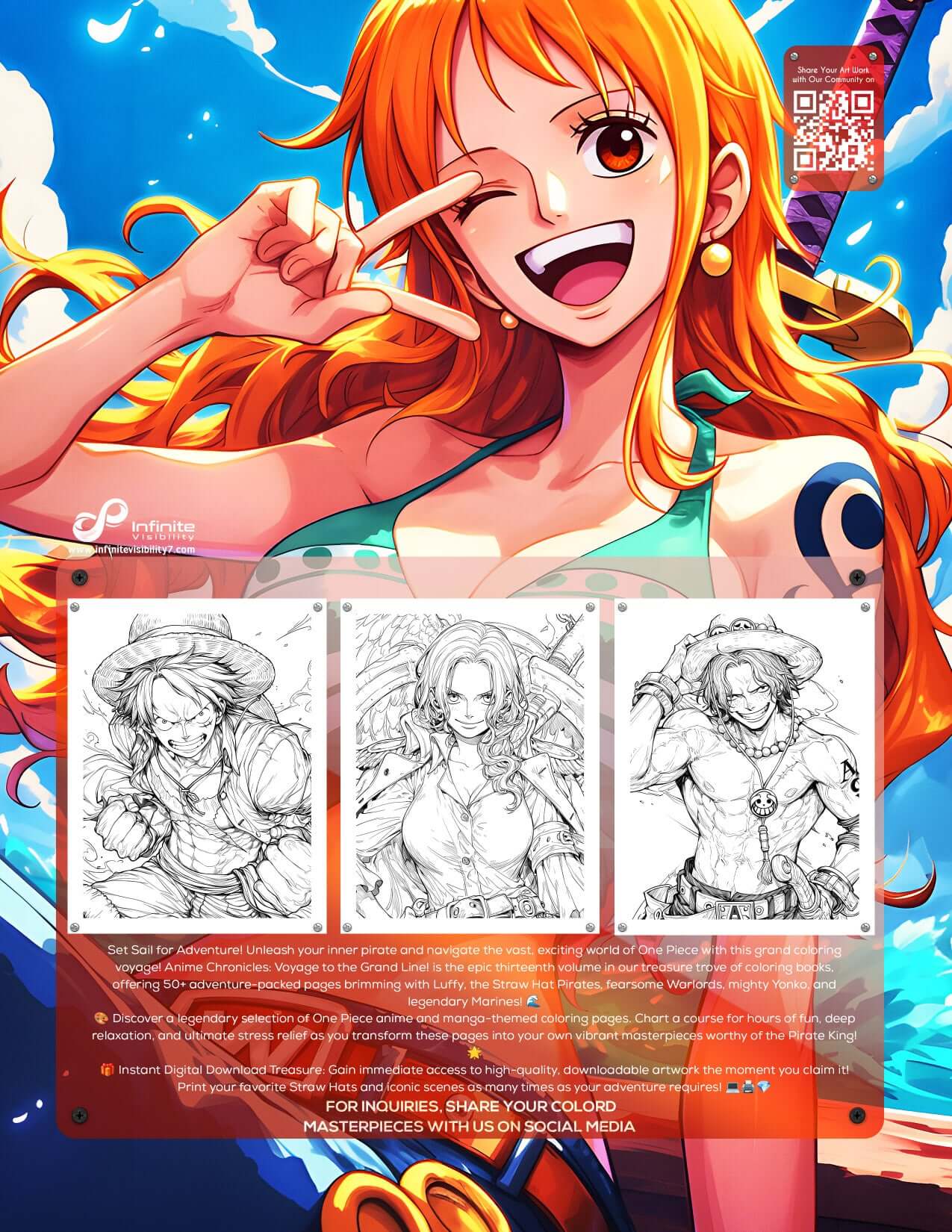 One Piece Coloring Book Vol 13 featuring Nami with Straw Hat Crew sketches for digital download.