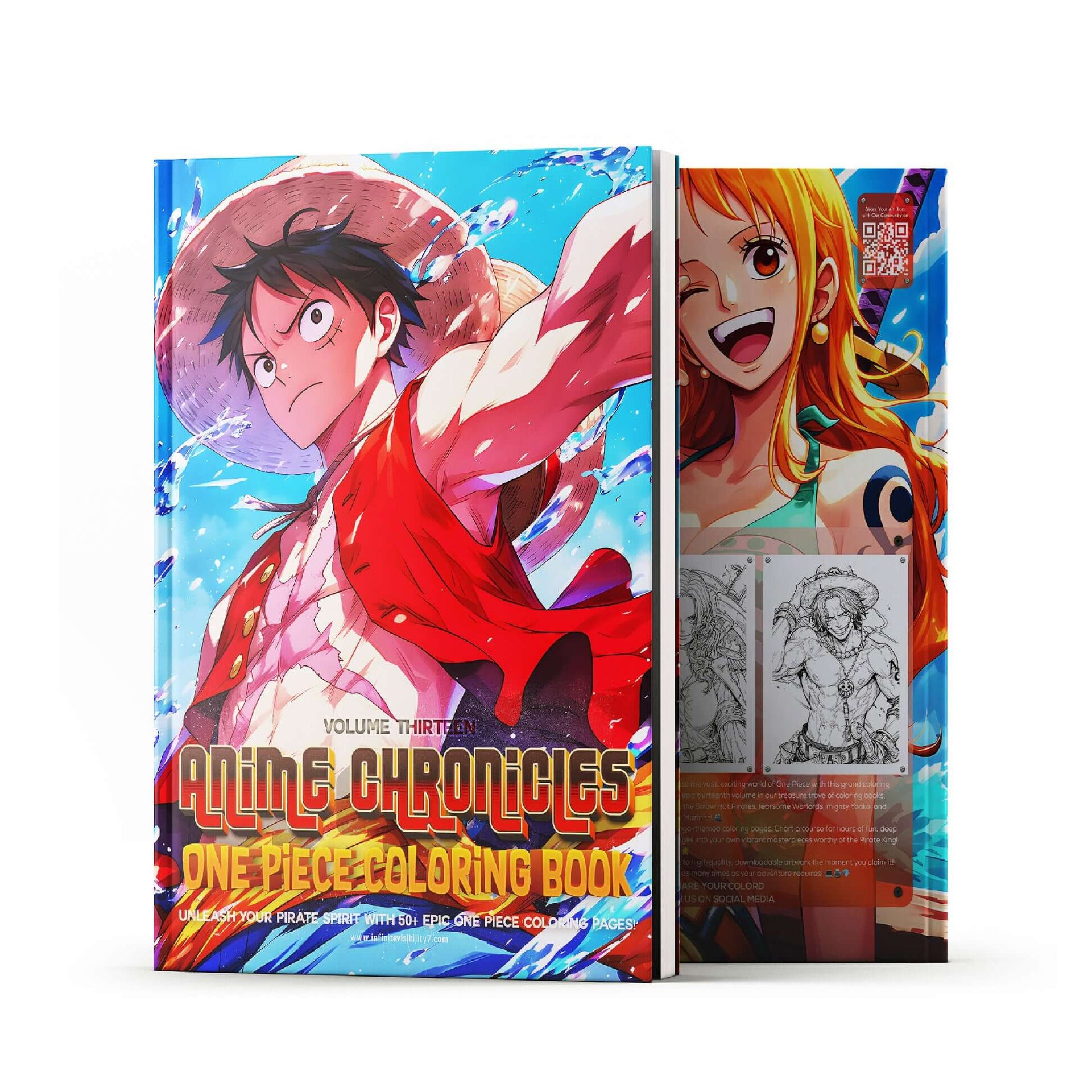 One Piece Coloring Book Vol 13 featuring Luffy and Nami, vibrant anime art for stress relief and creativity.