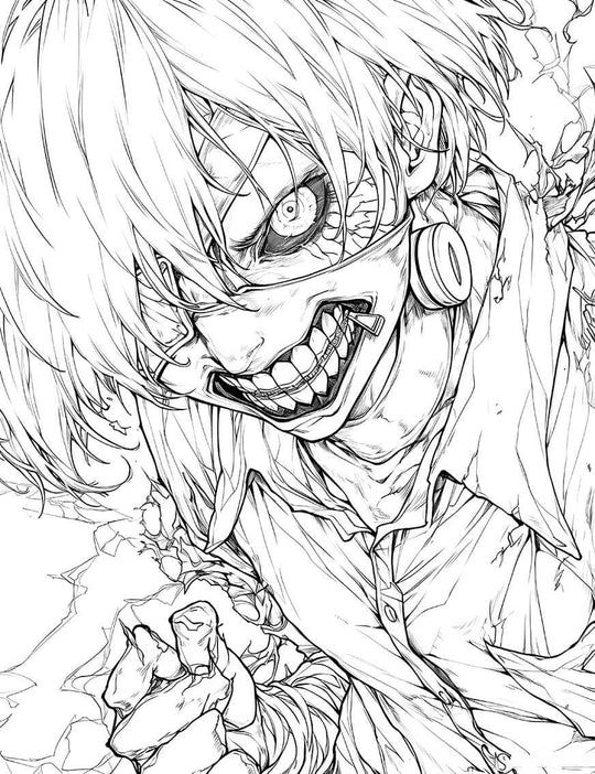 Kaneki Ken intense close-up coloring page featuring his ghoul eye and mask for art lovers. High-res PDF for stress relief.