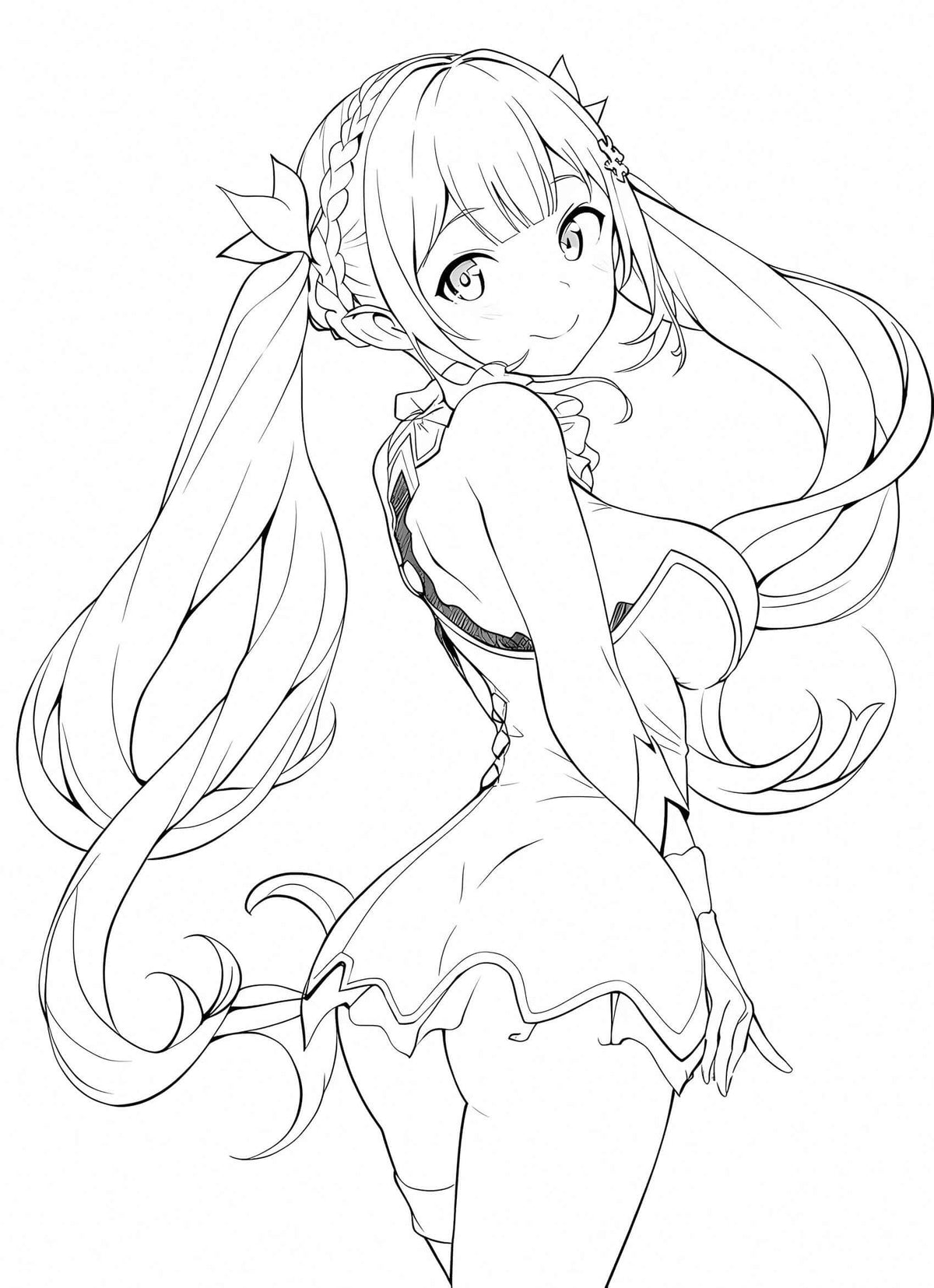 Charming line art of an anime elf waifu girl with long pigtails, leaf hair accessories, ornate fantasy outfit with armband, looking back playfully – coloring page digital download."