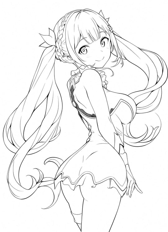 Charming line art of an anime elf waifu girl with long pigtails, leaf hair accessories, ornate fantasy outfit with armband, looking back playfully – coloring page digital download."