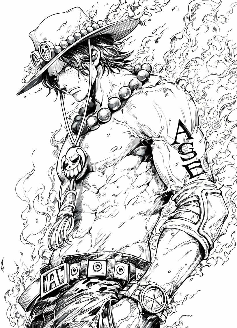 Portgas D. Ace coloring page featuring fiery design and detailed line art for anime fans to color.