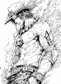 Portgas D. Ace coloring page featuring fiery design and detailed line art for anime fans to color.