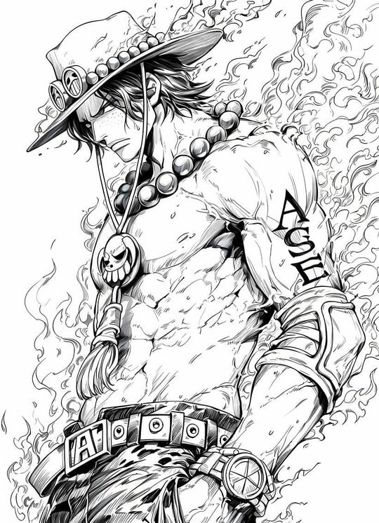 Portgas D. Ace coloring page featuring fiery design and detailed line art for anime fans to color.