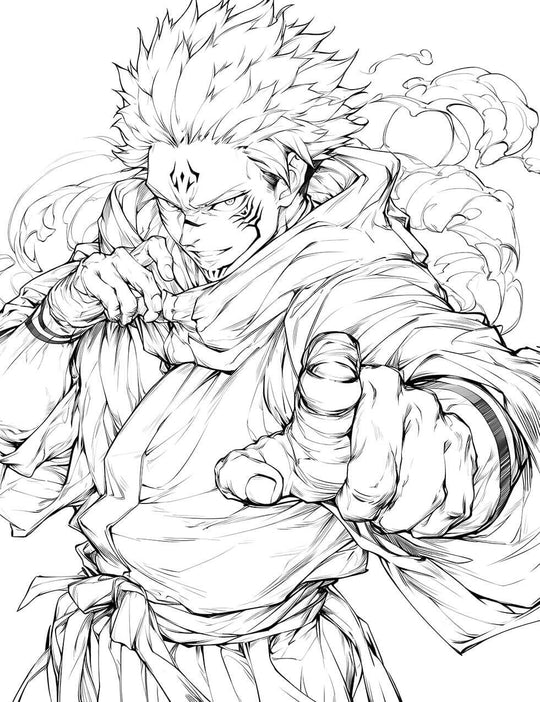 Black and white line art of a powerful Sukuna from Jujutsu Kaisen with facial tattoos, smirking and clenching his fists as cursed energy flows around him.