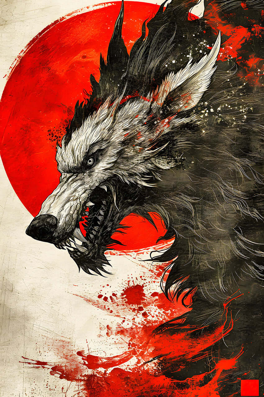 Fierce wolf art print with Japanese-inspired style and red sun background, perfect for edgy wall decor.