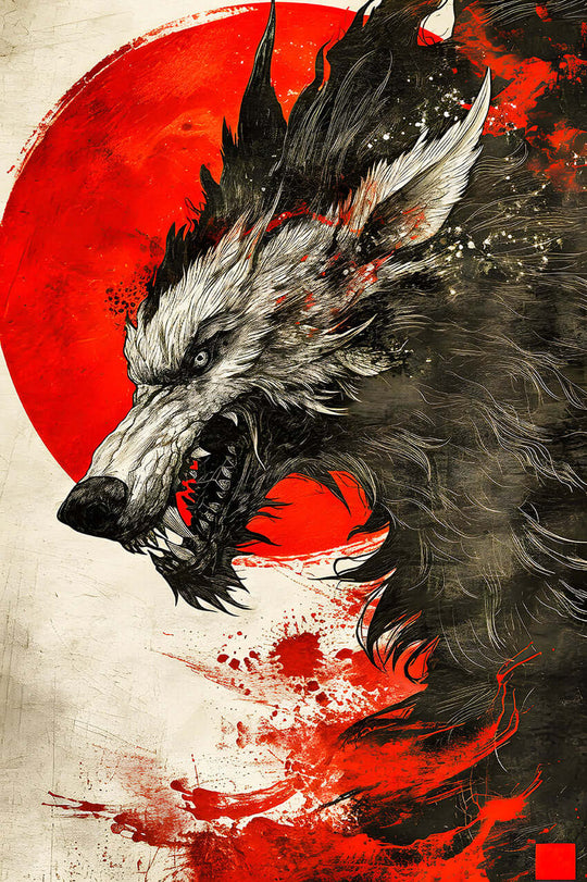 Fierce wolf art print with Japanese-inspired style and red sun background, perfect for edgy wall decor.
