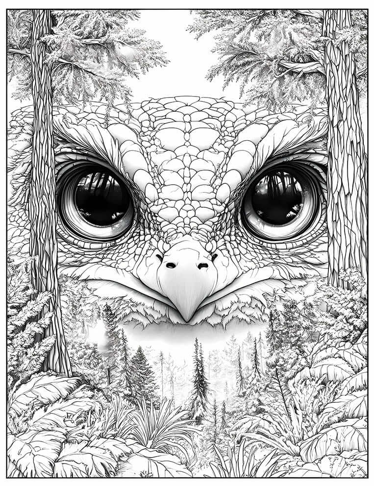Highly detailed line art coloring page of a Primeval Grove Watcher, a colossal ancient creature whose face, featuring large reflective eyes and a bird-like beak, is fused with a forest landscape including pine trees and undergrowth, for advanced adult fan