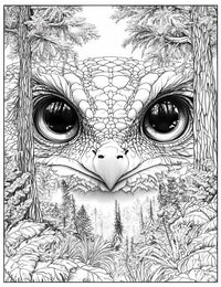 Highly detailed line art coloring page of a Primeval Grove Watcher, a colossal ancient creature whose face, featuring large reflective eyes and a bird-like beak, is fused with a forest landscape including pine trees and undergrowth, for advanced adult fan
