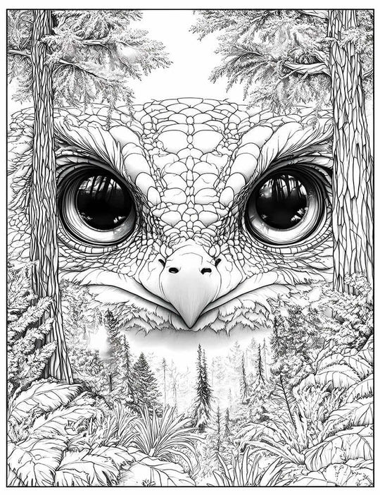 Highly detailed line art coloring page of a Primeval Grove Watcher, a colossal ancient creature whose face, featuring large reflective eyes and a bird-like beak, is fused with a forest landscape including pine trees and undergrowth, for advanced adult fan
