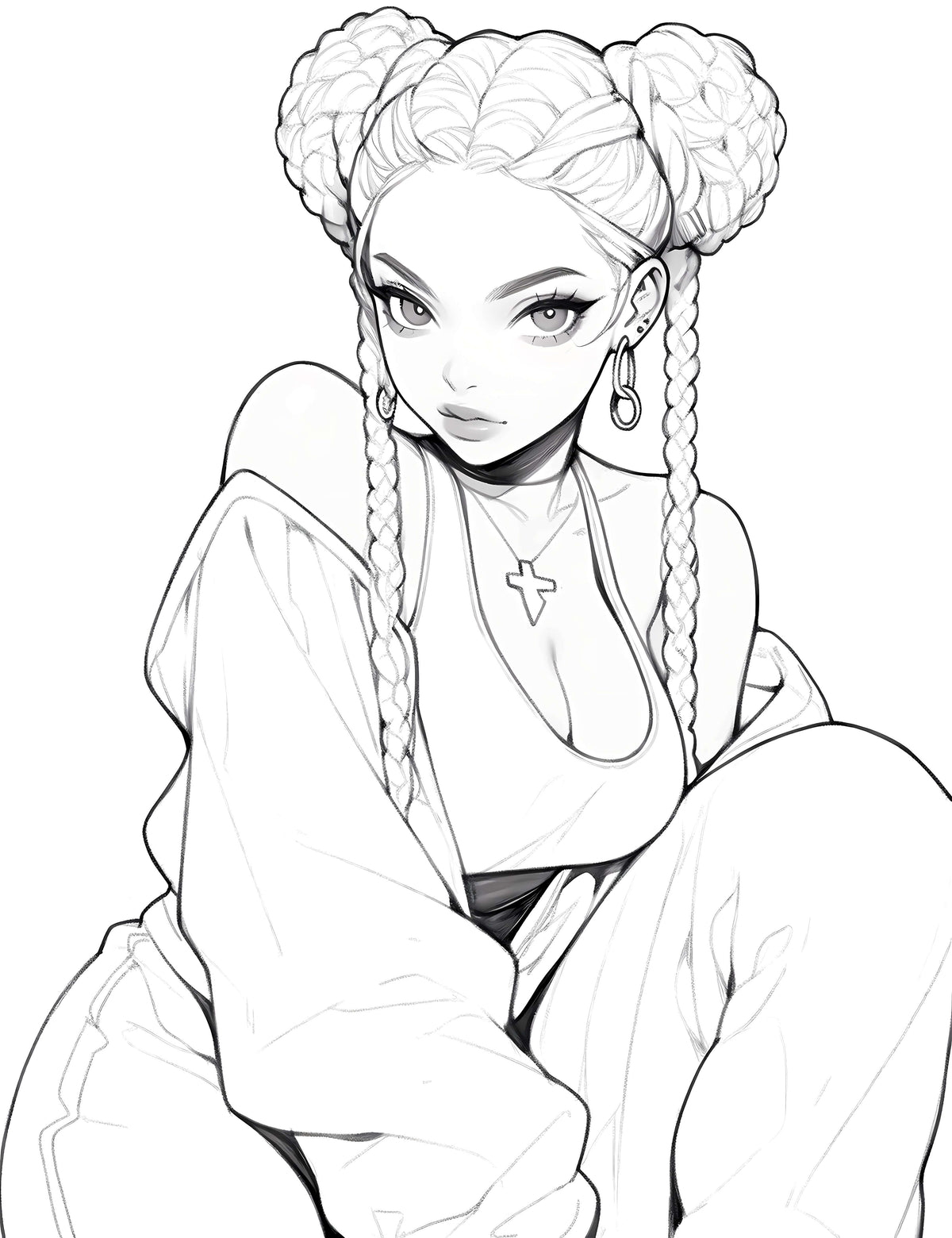 Printable Coloring Pages for Adults Afro-American Women Waifus