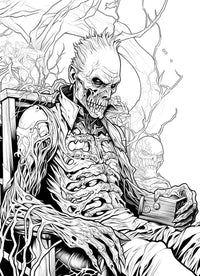 A detailed horror coloring page of a skeletal punk zombie with a mohawk, sitting on a decaying, root-covered chair and holding a small mysterious box.
