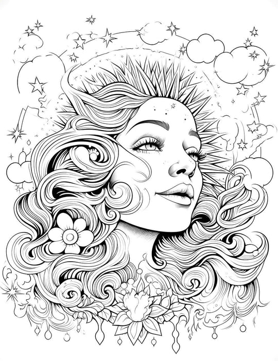 The Radiant Goddess Coloring Page, a detailed black-and-white illustration of a smiling sun goddess with a radiant crown, wavy hair filled with flowers, and a background of stars and clouds.