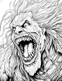 A detailed horror coloring page of a Raging Werewolf's face, roaring with intense, wild eyes, a mane of flowing hair, and a mouth full of sharp, beastly teeth.