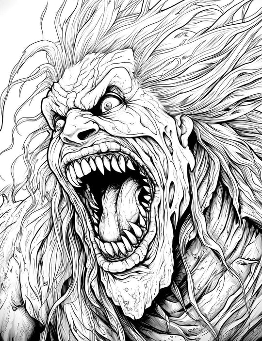 A detailed horror coloring page of a Raging Werewolf's face, roaring with intense, wild eyes, a mane of flowing hair, and a mouth full of sharp, beastly teeth.