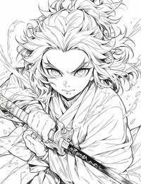 High-quality line art anime coloring page of Kyojuro Rengoku from Demon Slayer in a dynamic pose, drawing his signature Nichirin sword with a determined expression, capturing his Flame Hashira character.